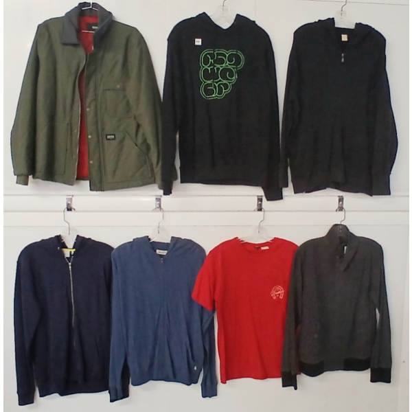 LOT OF 7 - MEN'S T-SHIRT, HOODIES & JACKETS - BRIXTON, RAGWEAR, WESC, ETC