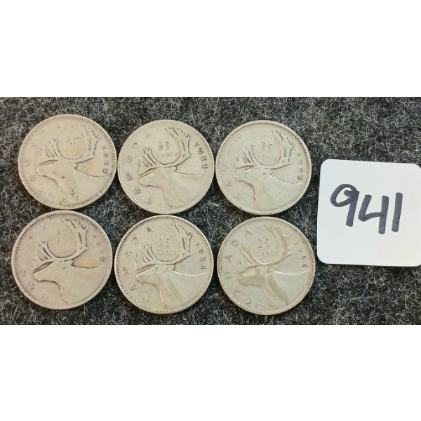 LOT OF 6 - 1944 CDN 25 CENT COINS