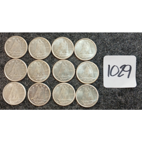 LOT OF 12 - 1962 CDN 10 CENT COINS