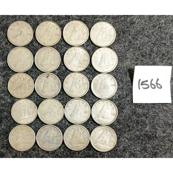 LOT OF 20 - 1943-1966 CDN 10 CENT SILVER COINS