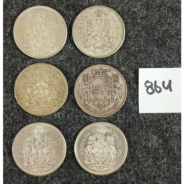 LOT OF 6 - 1940-1965 CDN 50 CENT SILVER COINS