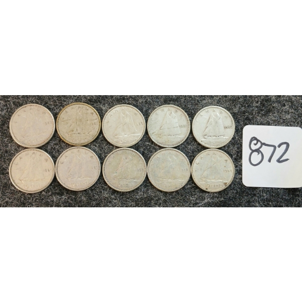 LOT OF 10 - 1945-1966 CDN 10 CENT COINS