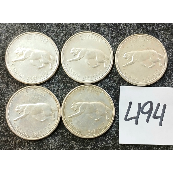LOT OF 5 - 1967 CDN 25 CENT SILVER COINS