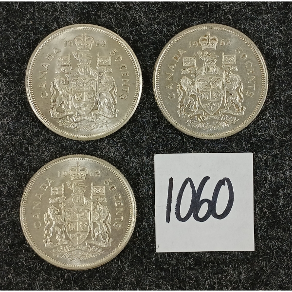 LOT OF 3 - 1962 CDN 50 CENT SILVER COINS
