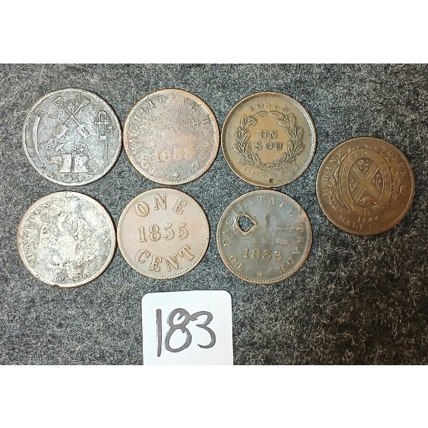 LOT OF 7 - 1814, 1833, 1844 & 1855 HALF PENNIES & TOKENS