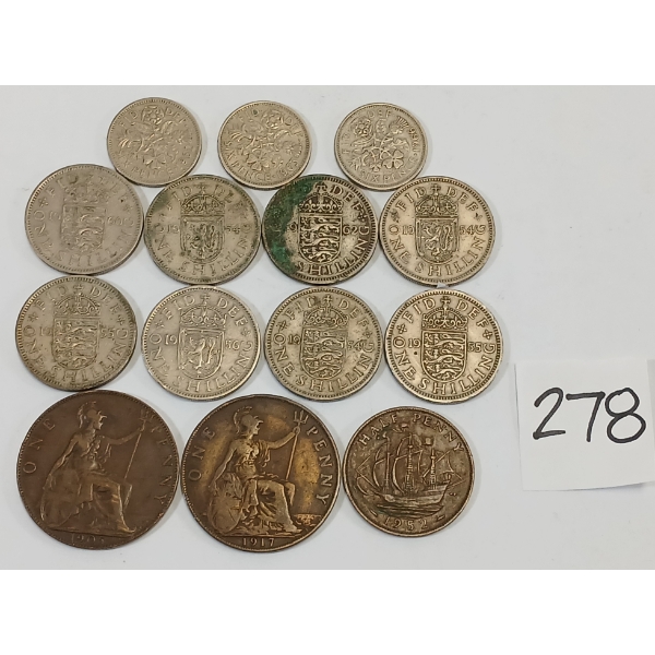 LOT OF 14 - 1905-1966 BRITISH 1 SHILLINGS, SIX PENCE, HALF & LARGE PENNIES