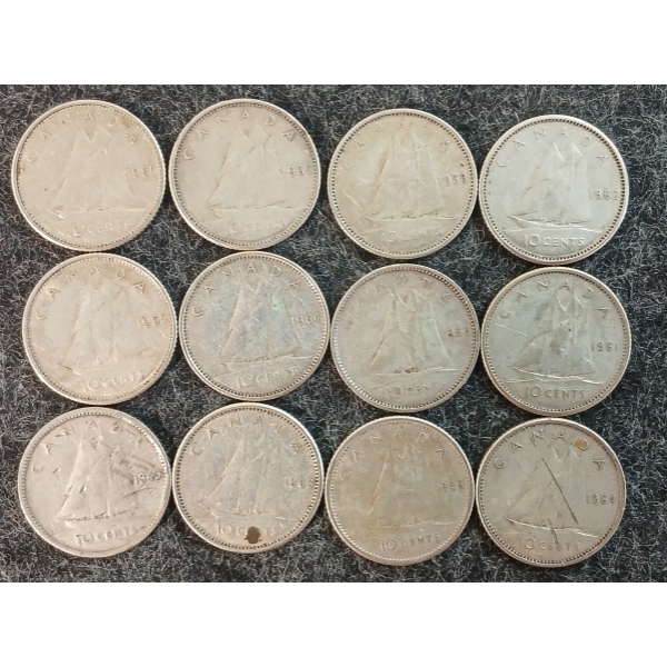 LOT OF 12 - 1943-1965 CDN 10 CENT COINS