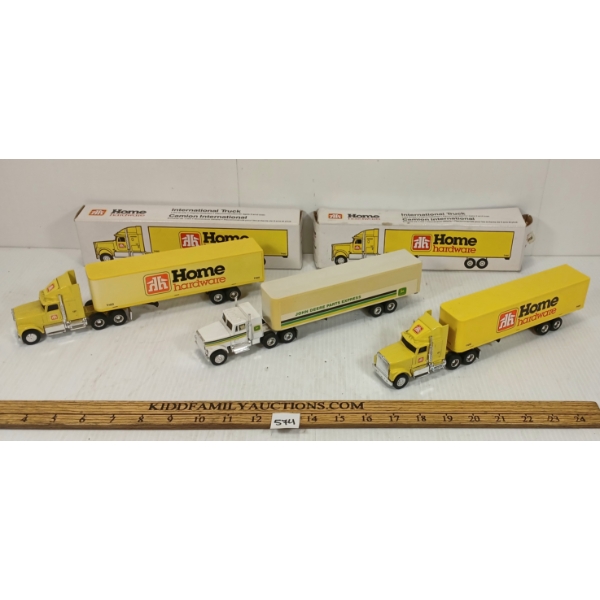 LOT OF 3 - ERTL PLASTIC JOHN DEERE PARTS EXPRESS & HOME HARDWARE SEMI TRUCKS