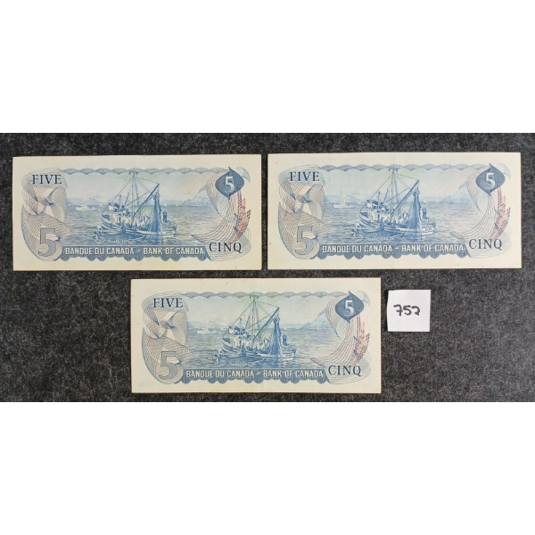LOT OF 3 - 1972 CDN $5 BANKNOTES 