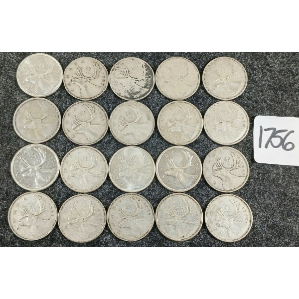 LOT OF 20 - 1939-1968 CDN 25 CENT COINS