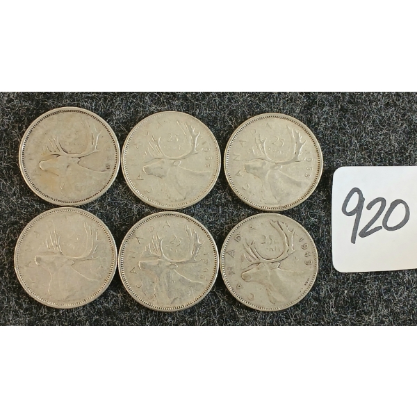 LOT OF 6 - 1943-1965 CDN 25 CENT COINS