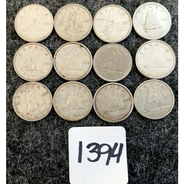 LOT OF 12 - 1941-1973 CDN 10 CENT COINS