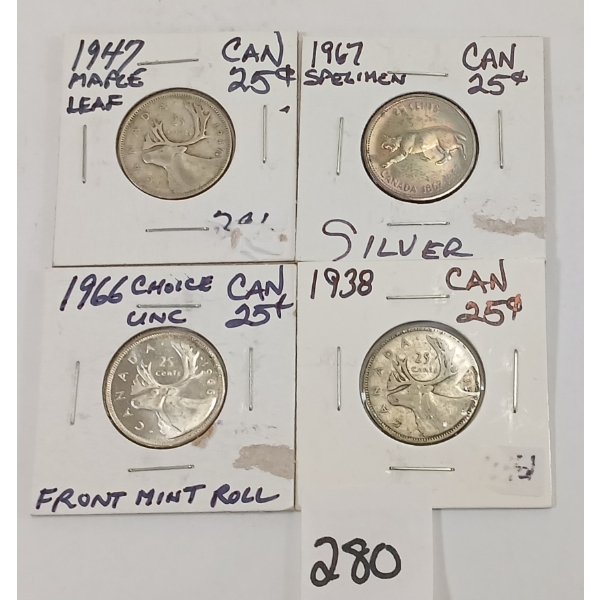 LOT OF 4 - CDN 25 CENT SILVER PCS - INCL 1938, 1947, 1966 & 1967