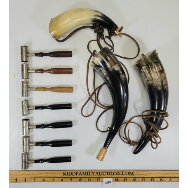 JOB LOT - POWDER HORNS, MEASURES, ETC