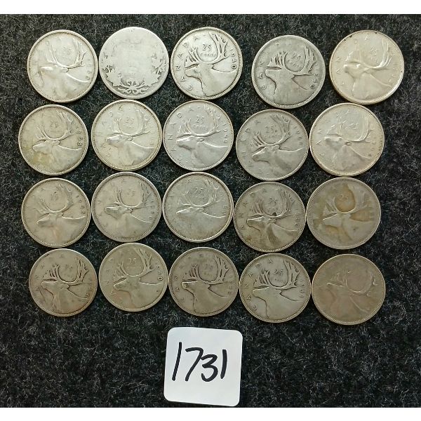 LOT OF 20 - 1906-1964 CDN 25 CENT COINS