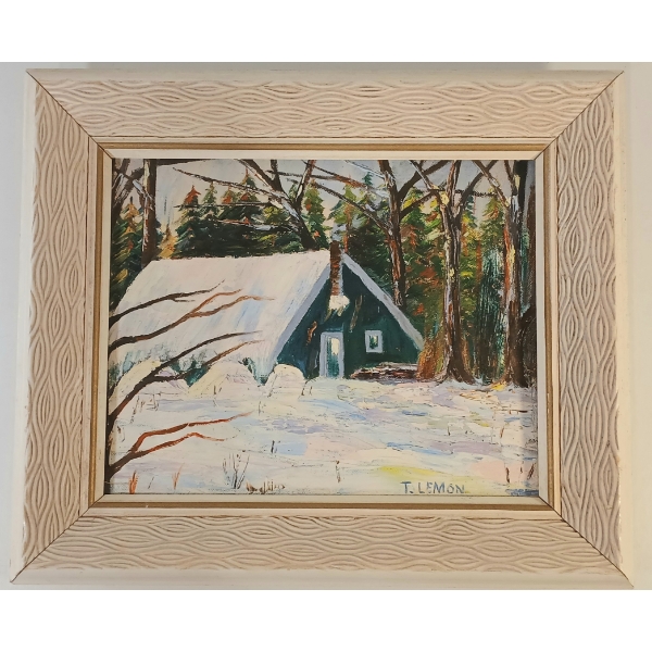 WINTER CABIN BY T. LEMON - FRAMED OIL ON CANVAS BOARD