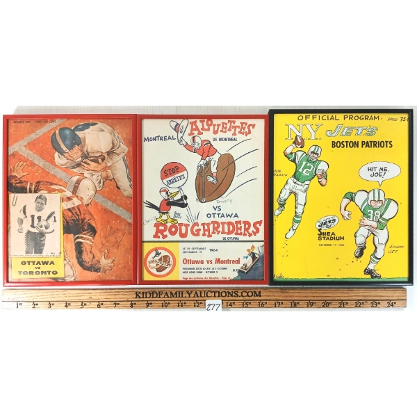 LOT OF 3 - 1960'S FOOTBALL FRAMED PROGRAMS - MONTREAL ALOUETTES, NY JETS & TORONTO VS OTTAWA