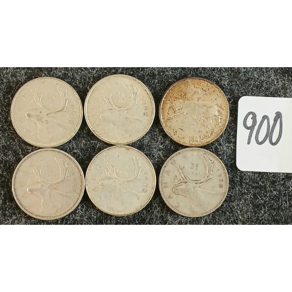 LOT OF 6 - 1950-1968 CDN 25 CENT COINS
