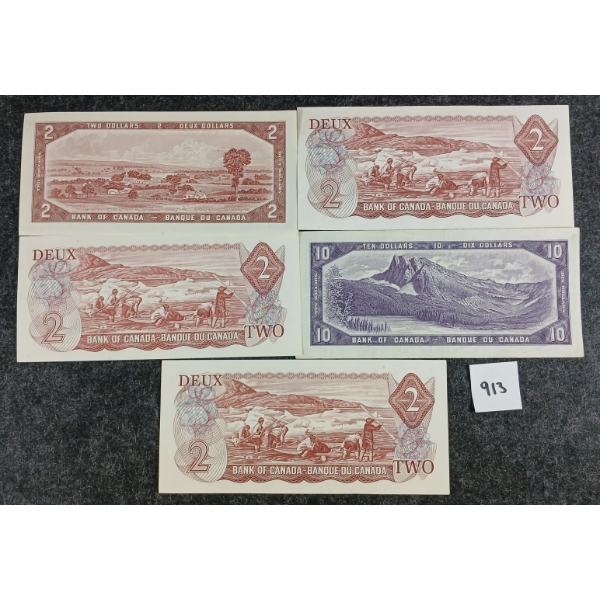 LOT OF 5 - 1954-1974 CDN $2 & 10 BANKNOTES