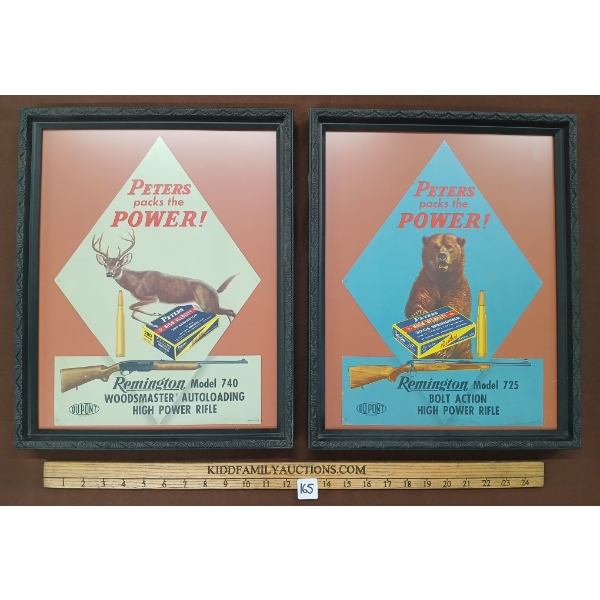 LOT OF 2 - "PETERS PACKS THE POWER" & REMINGTON 725 BOLT ACTION & 740 WOODMASTER RIFLES - FRAMED ADS