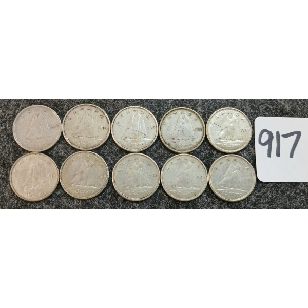 LOT OF 10 - 1944-1968 CDN 10 CENT COINS