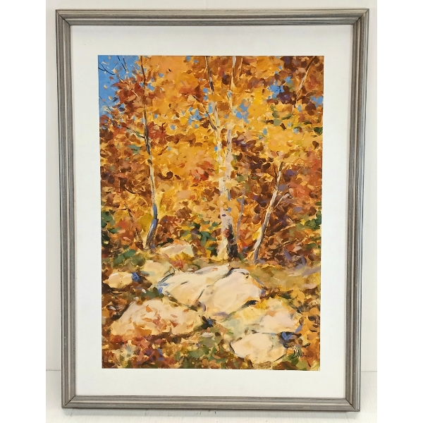 AUTUMN CLIFF SCENE BY NELL BLAINE (1922 - 1996) - FRAMED OIL ON BOARD
