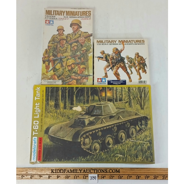 LOT OF 3 - TAMIYA & MODELCRAFT GERMAN AFRICA KORPS INFANTRY & D.A.K. & T-60 LIGHT TANK MODEL KITS