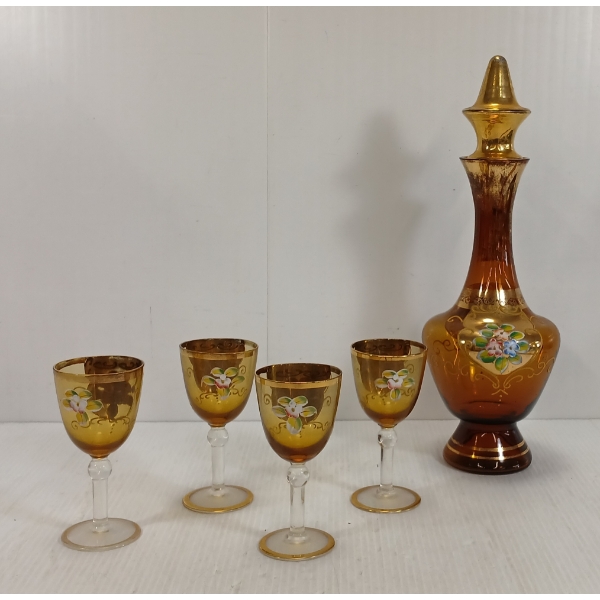 LOT OF 5 - HAND PAINTED BOHEMIAN GLASS DECANTER W/ LIQUEUR GLASSES