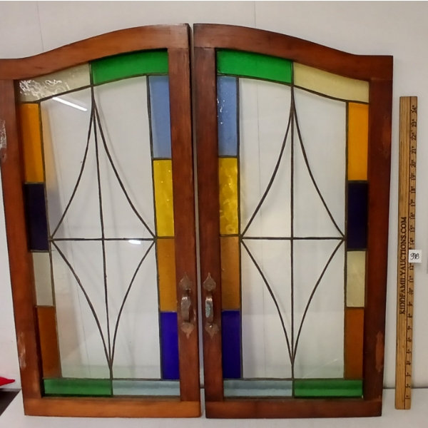 PAIR OF STAINED GLASS CUPBOARD DOORS W/ COPPER HANDLES