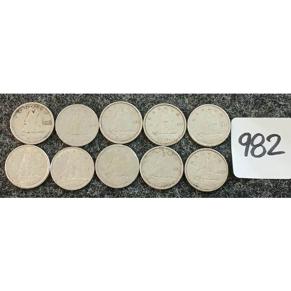 LOT OF 10 - 1940-1967 CDN 10 CENT COINS
