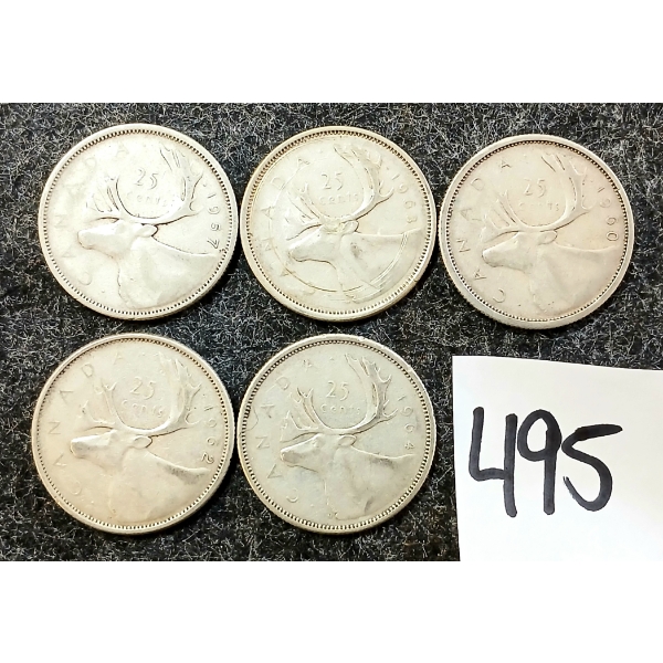 LOT OF 5 - 1957-1964 CDN 25 CENT SILVER COINS
