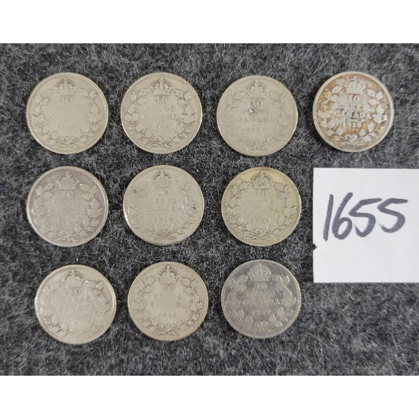 LOT OF 10 - 1917-1920 CDN 10 CENT SILVER COINS