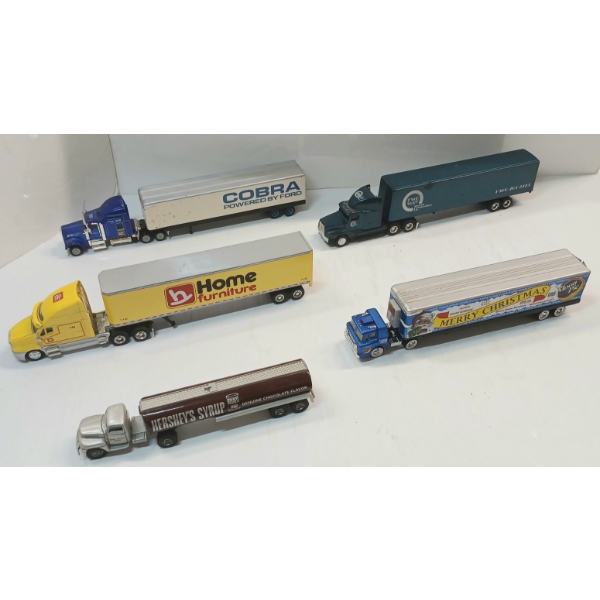 LOT OF 5 - M2, ERTL & LIBERTY DIECAST & PLASTIC MODEL TRUCKS - HERSHEYS, HOME HARDWARE, COBRA, ETC