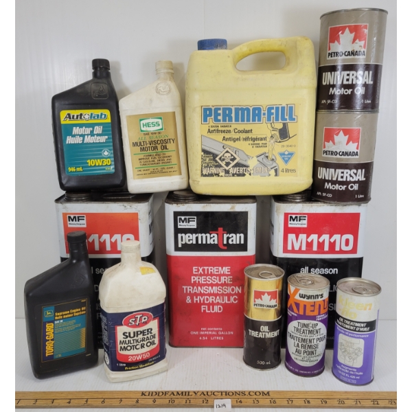 LOT OF 13 - MISC OIL CANS - JOHN DEERE, KLEEN-FLO, PETRO-CANADA, ETC