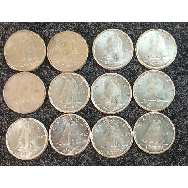 LOT OF 12 - 1962 CDN 10 CENT COINS