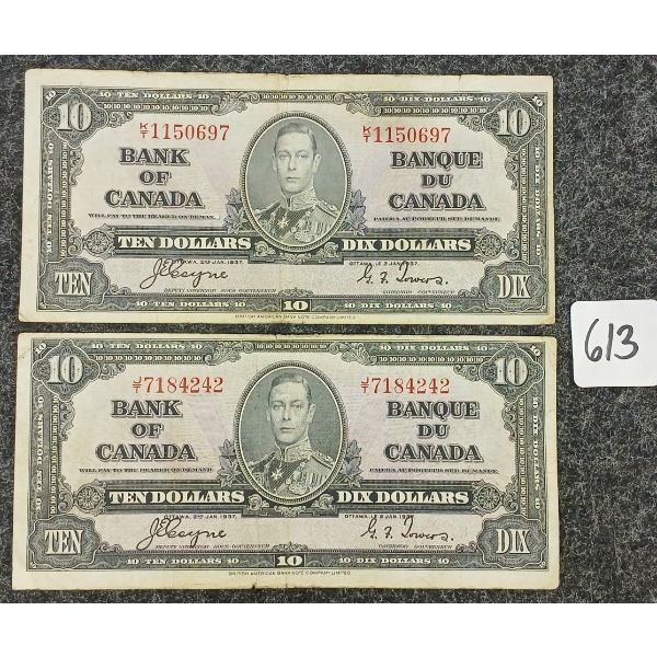 LOT OF 2 - 1937 BANK OF CANADA $10 BANKNOTES