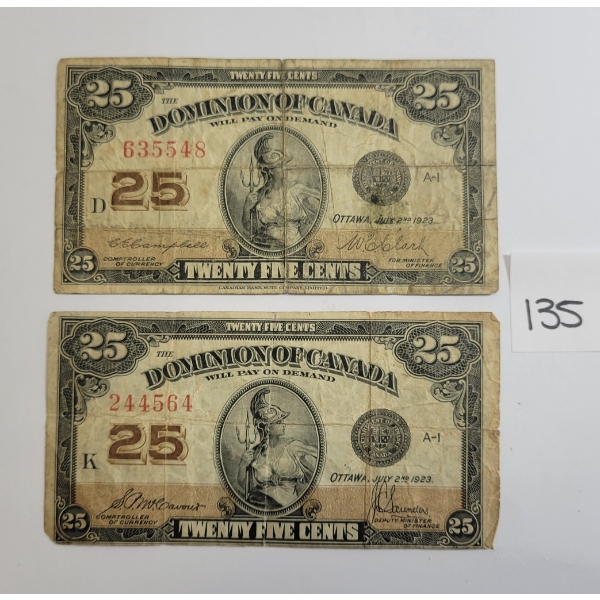LOT OF 2 - 1923 DOMINION OF CANADA 25 CENT SHINPLASTERS