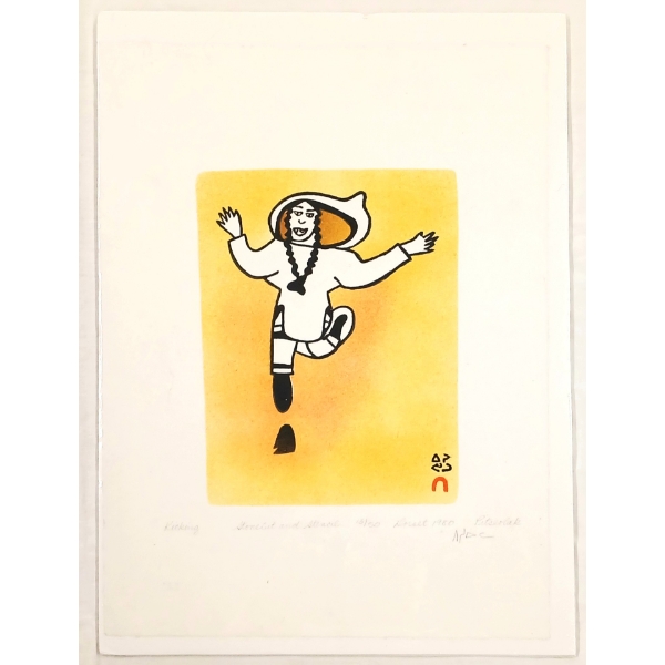 "KICKING" BY PITSEOLAK ASHOONA (1904 - 1983) - STONECUT & STENCIL