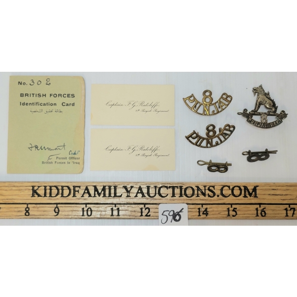 LOT OF 6 - CAPT. F.G. RATCLIFFE 8TH PUNJAB REG'T ID CARD & BADGES