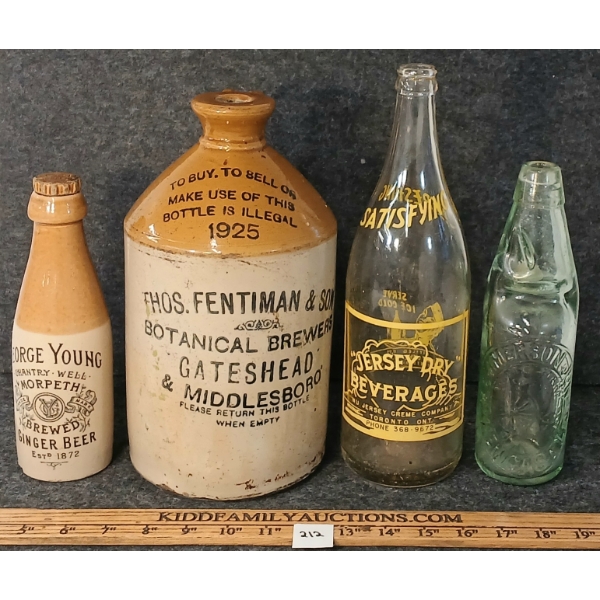 LOT OF 4 - 1925 FENTIMAN & SONS BOTANICAL BREWERS STONEWARE JUG & GINGER BEER BOTTLES
