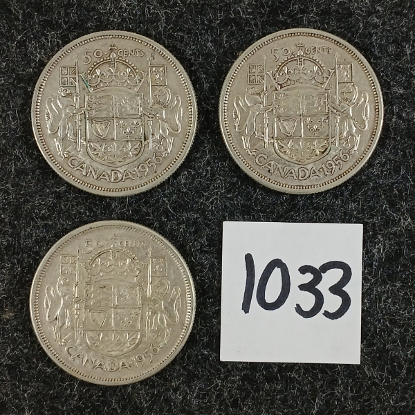 LOT OF 3 - 1956 CDN 50 CENT SILVER COINS