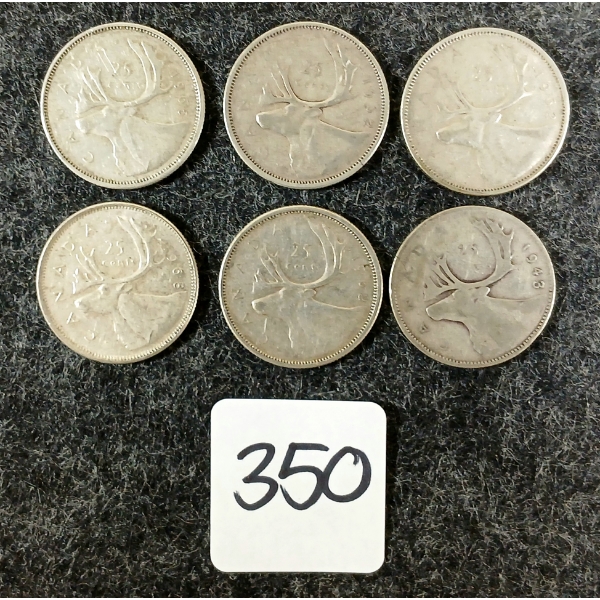 LOT OF 6 - 1943-1968 CDN 25 CENT COINS