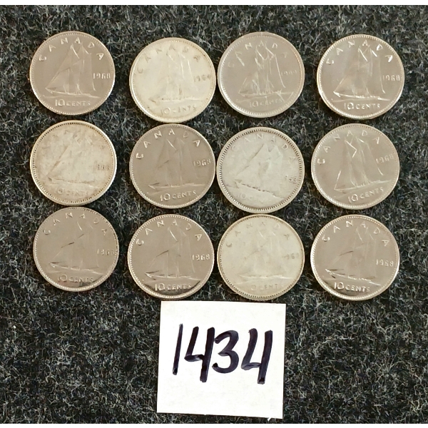 LOT OF 12 - 1953-1969 CDN 10 CENT COINS