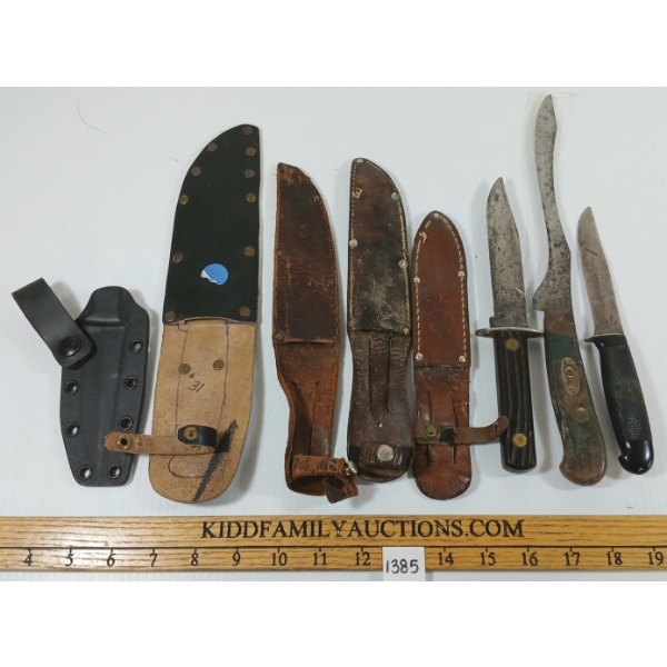 LOT OF 8 - LEATHER SHEATHS & HUNTING KNIVES