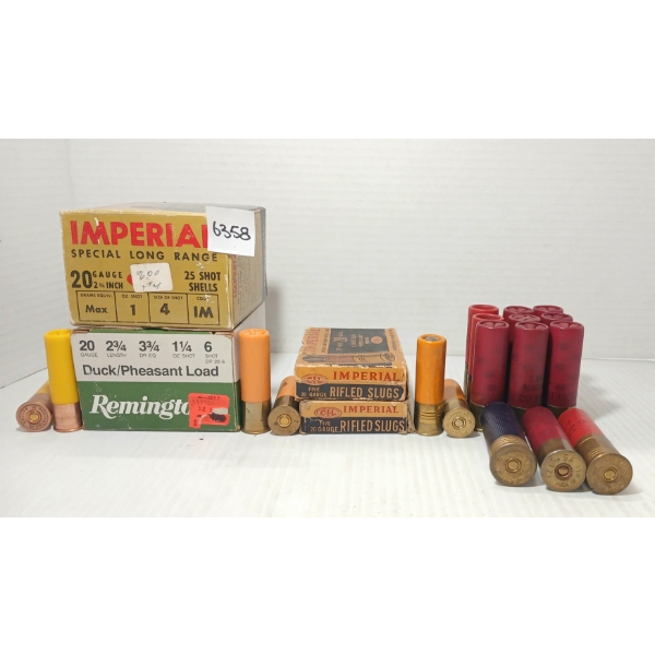AMMO: 48X IMPERIAL & REMINGTON 20GA - 2 3/4IN - #4, 6 SHOT & SLUG - INCL PAPER LABELS