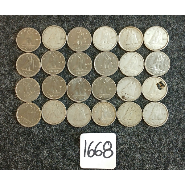 LOT OF 24 - 1937-1973 CDN 10 CENT COINS