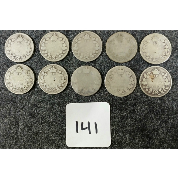 LOT OF 10 - 1910-1934 CDN 10 CENT COINS