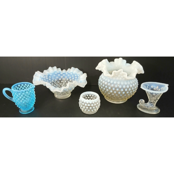 LOT OF 5 - FENTON ART GLASS HOBNAIL VASES & PCS - FT URANIUM GLASS - LATE 19TH / MID 20TH CENTURY
