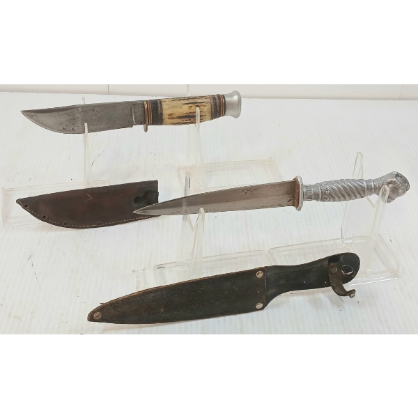 LOT OF 2 - VINTAGE KORIUM PIC DAGGER & ANTLER HANDLED KNIFE W/ SHEATHS