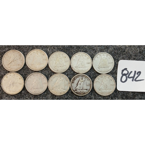 LOT OF 10 - 1940-1965 CDN 10 CENT COINS